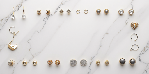 精美珠宝首饰展示，包括钻石戒指、黄金项链、珍珠耳环等高端饰品，背景为优雅的白色大理石纹理，营造奢华感